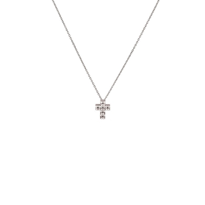 COLLANA CON CROCE A CASTONI QUADRI DIAMANTATI IN ORO BIANCO 18 KT